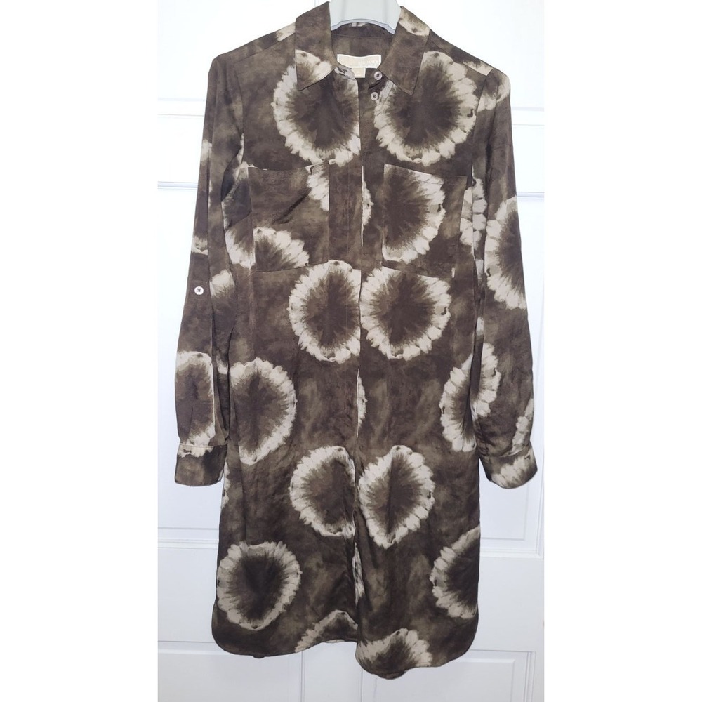 Michael Kors Women's Brown Tie-Dye Button-up Shirt Dress Roll Tab Sleeves - M
